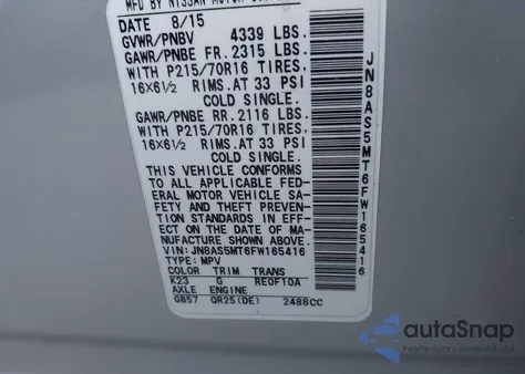 2015 Nissan Rogue Select S z USA, uszkodzony, nr VIN JN8AS5MT6FW165416